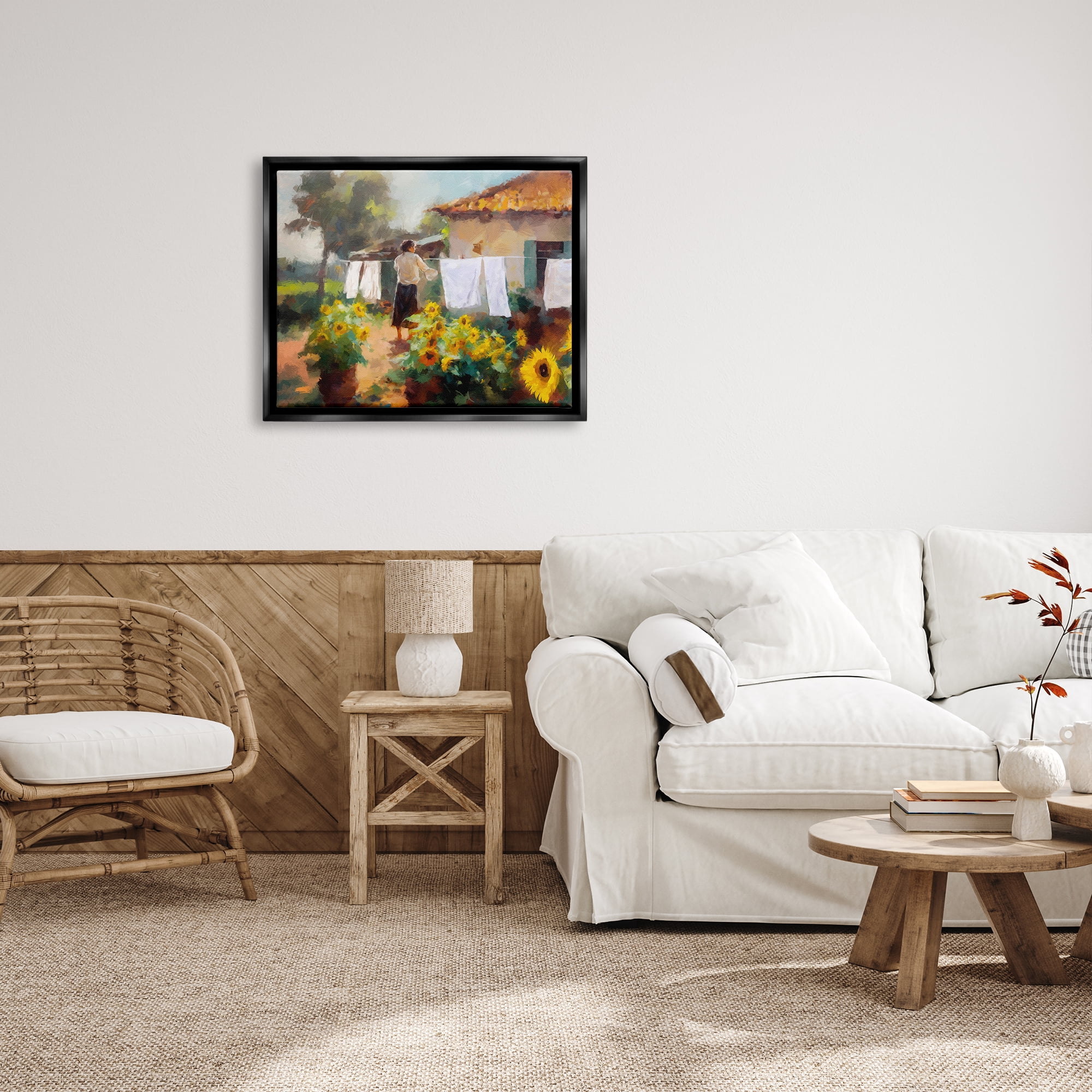Stupell Industries Laundry in Countryside Figurative Painting Black Floater Framed Art Print Wall Art, 31 x 25