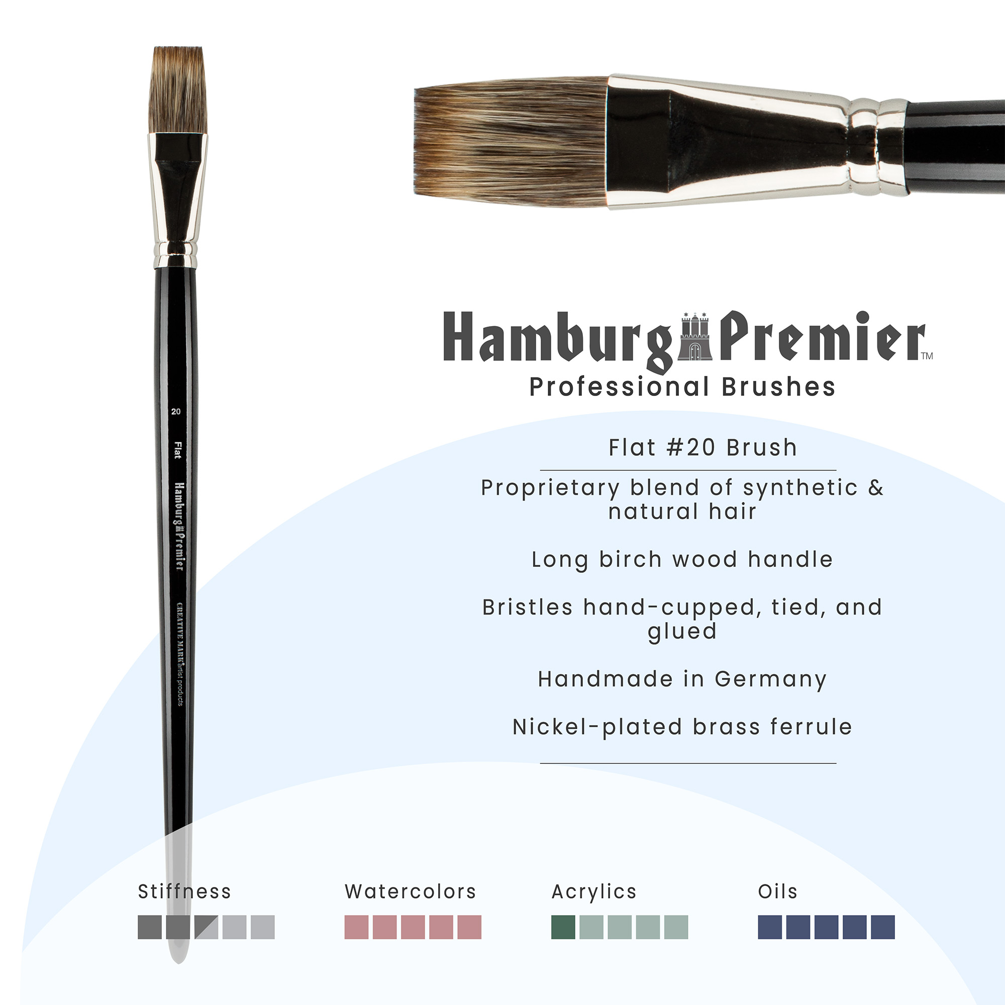 Creative Mark Hamburg Premiere Professional Oil Painting Brushes - Flat #20 Oil Paint Brush - Handmade in Germany, Natural & Synthetic Hair Blend, Long Triple-Lacquered Birch Handle