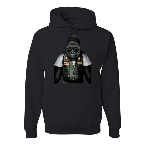 Cool Silverback Gorilla with Sunglasses and Biker Vest | Mens Animal Lover Hooded Sweatshirt Graphic Hoodie, Black, Small