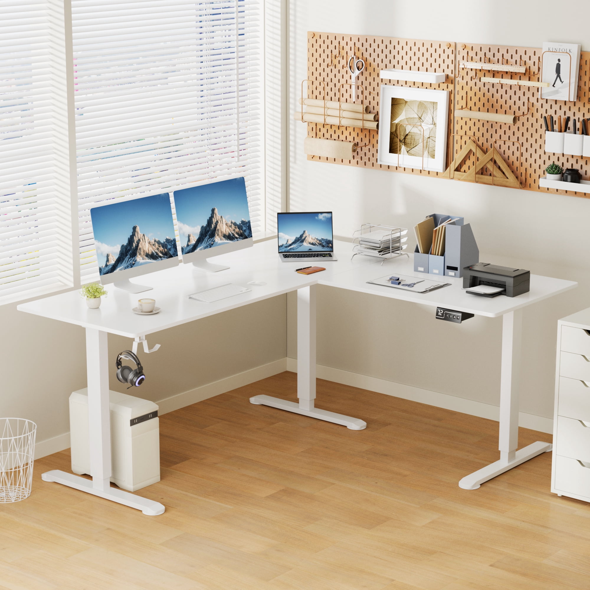Homall 63in Wide L-shaped Electric Sit-Stand Desk Lifting Range 28~46in Height Gear Memory Ergonomics Standing Desk Height Adjustable Computer Desk, White