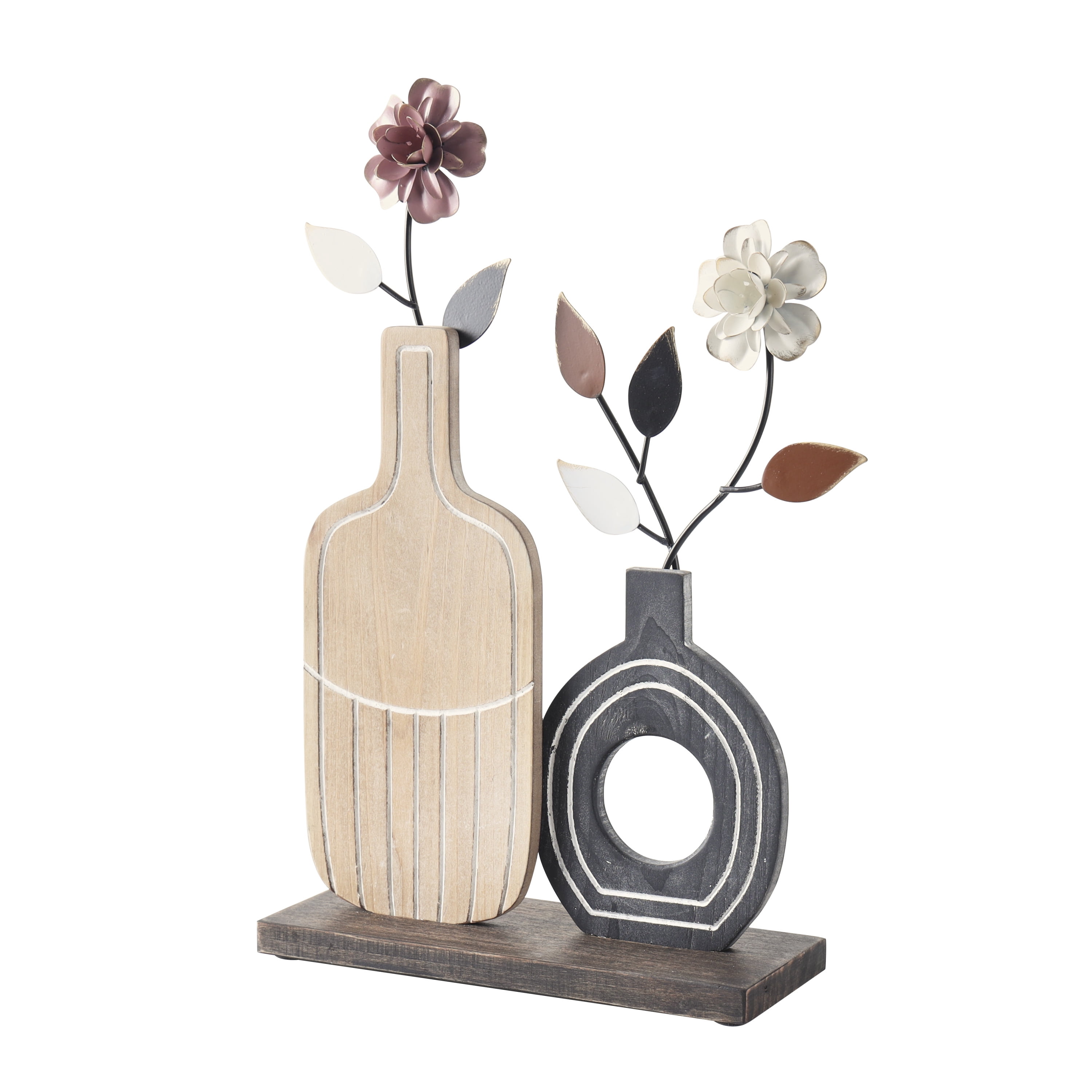 18", 15", 15"H Multi Colored Wooden Patterned Vase Floral Sculpture with Metal Accents, by DecMode (3 Count)