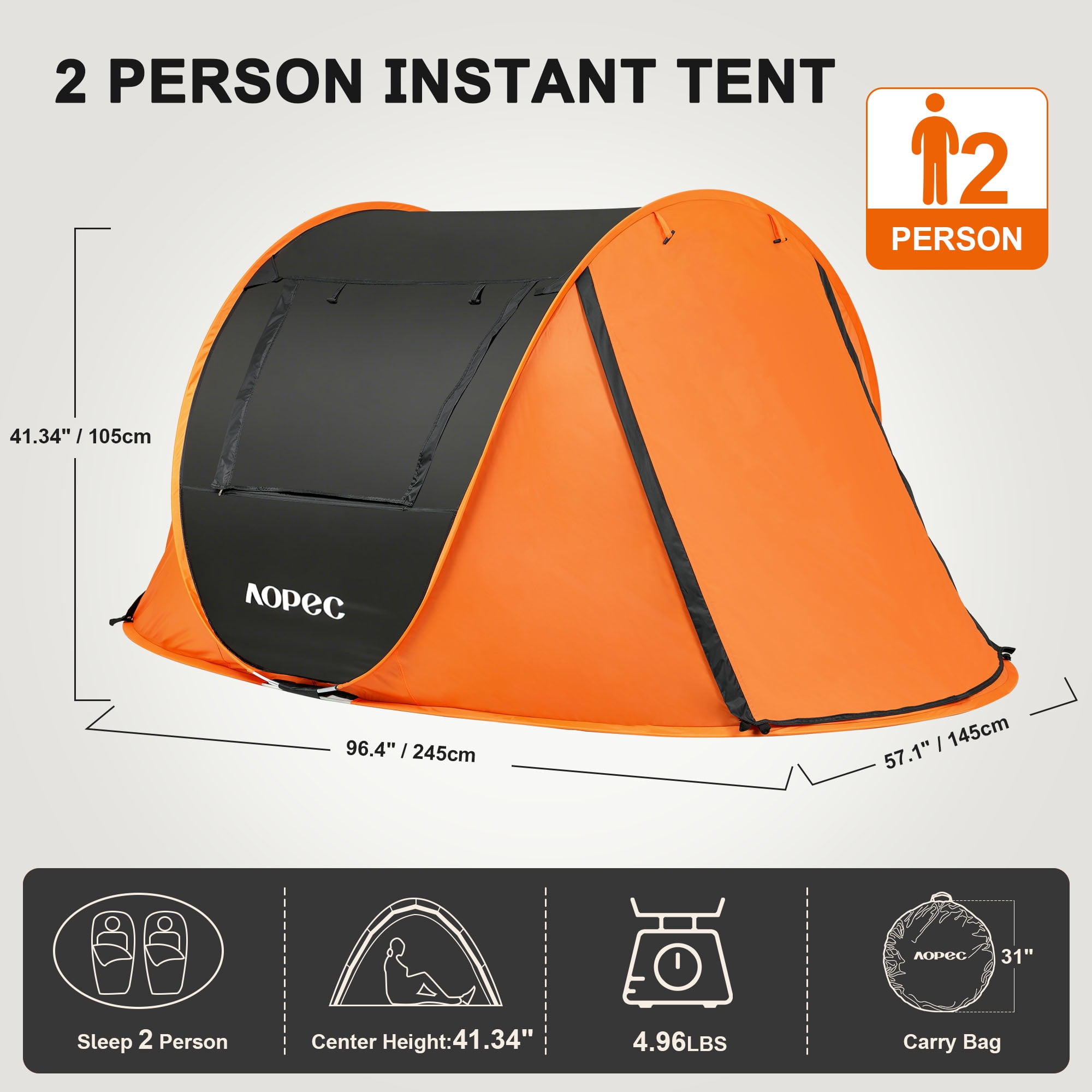 AOPEC Pop Up Camping Tent, 2/4/6 Person Instant Tent Waterproof PU4500mm, Spacious Ventilated Camping Tent with Front Porch, Quick Setup Lightweight Portable for Outdoor Camping Hiking Beach