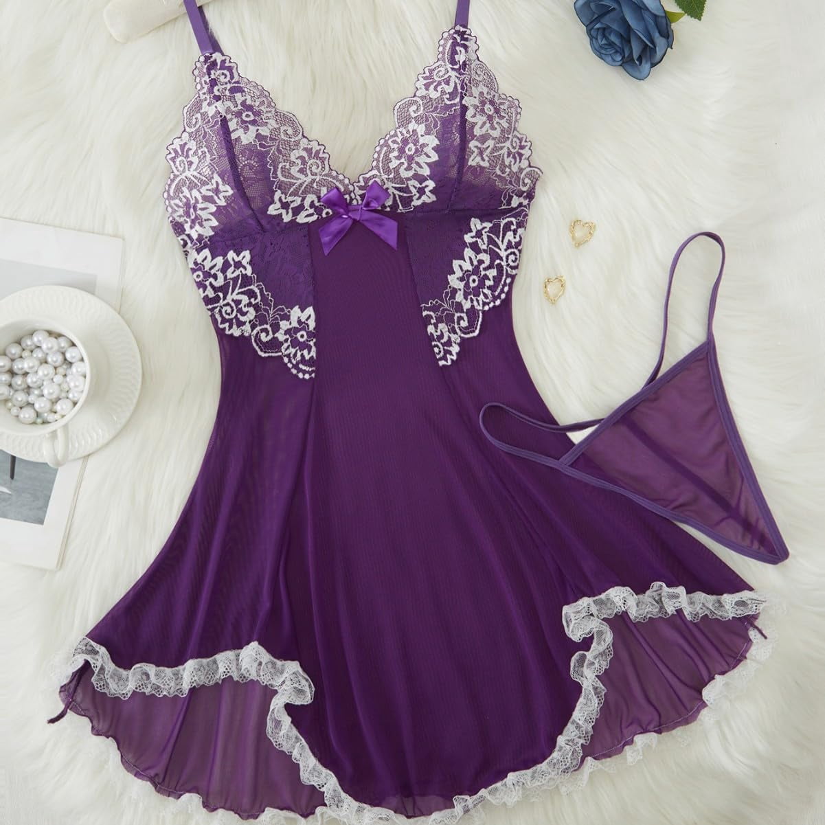 Women Lace Lingerie, Sexy Bow Mesh Sheer Babydoll V - Neck Mini Chemises Negligees with G - String
