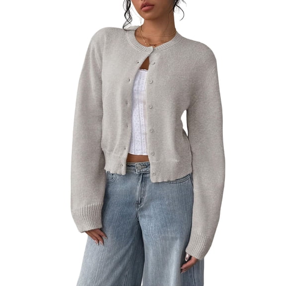 Delayuji Women's Button Down Cardigan Sweater Long Sleeve Crewneck Crop Cardigan Sweater Cute Knit Cardigan Sweater Coat