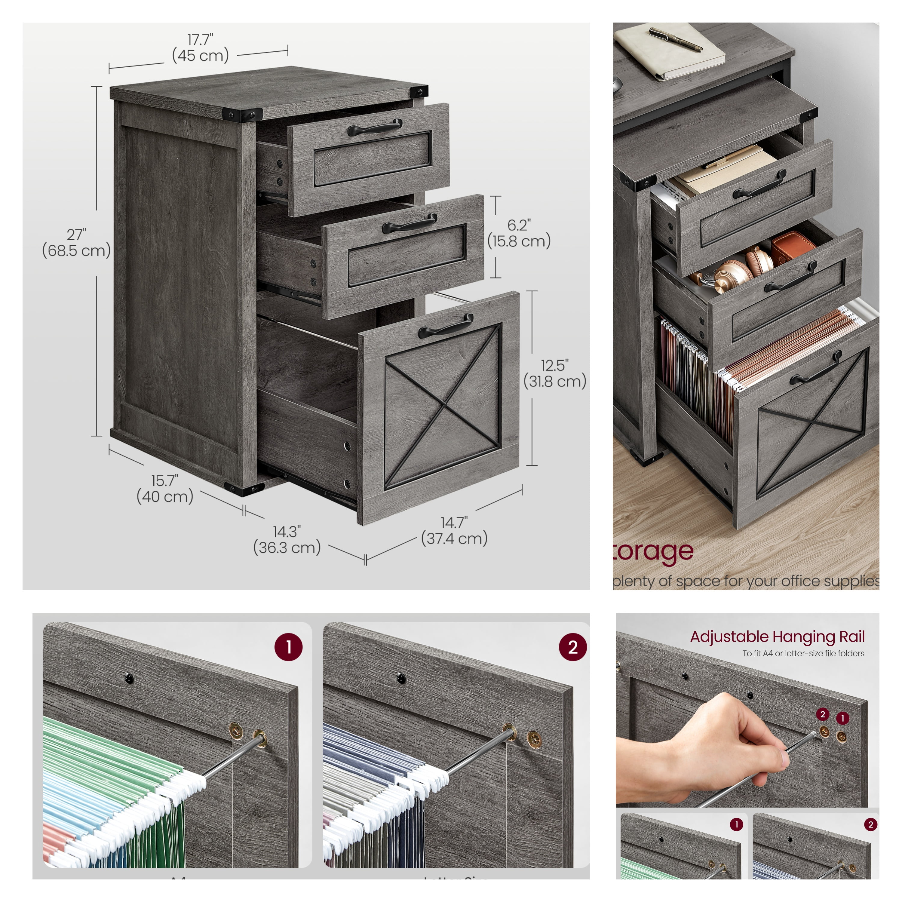 LEDREM 3-Drawer File Cabinet, Farmhouse Style Printer Stand for Home Office, Holds A4 Letter Files, Silent Slides & 110lb Capacity, Misty Gray