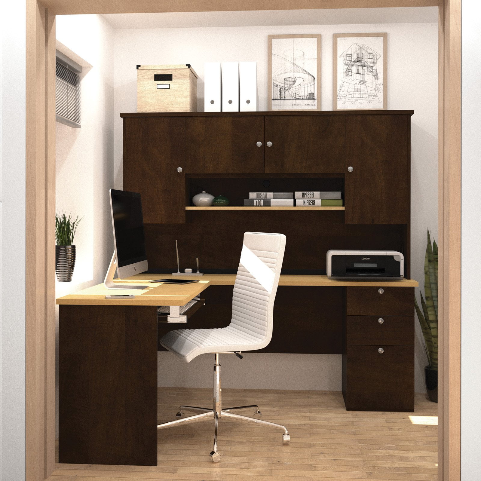 Bestar Manhattan L Shaped Workstation In Secret Maple And Chocolate