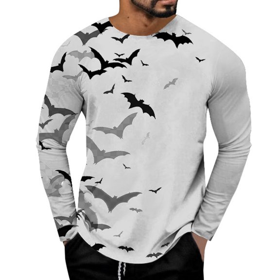 Men Shirts Mens Halloween Long Sleeve T Shirt Round Neck Bat Print Pullover Sweatshirt Autumn for Everyday Wear Grey 3XL