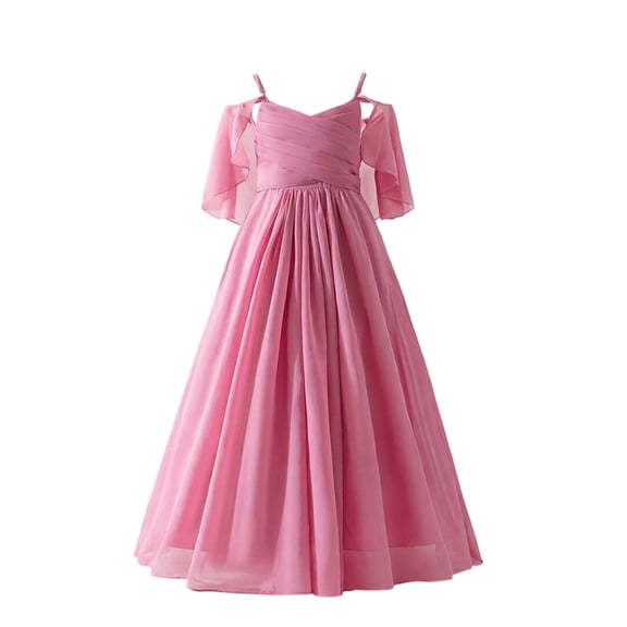 Bobifish Toddler Girls Bridesmaid Dress Elegant Cold Shoulder V Neck Solid Chiffon Sleeveless Formal Events Kids Girls Dresss