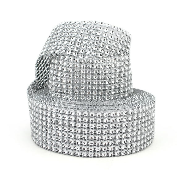 Aspire Silver Rhinestone Ribbon, Diamond Rhinestone Mesh Ribbon, 1.5" x 10 Yards, 8 Rows, 1 Roll-Silver