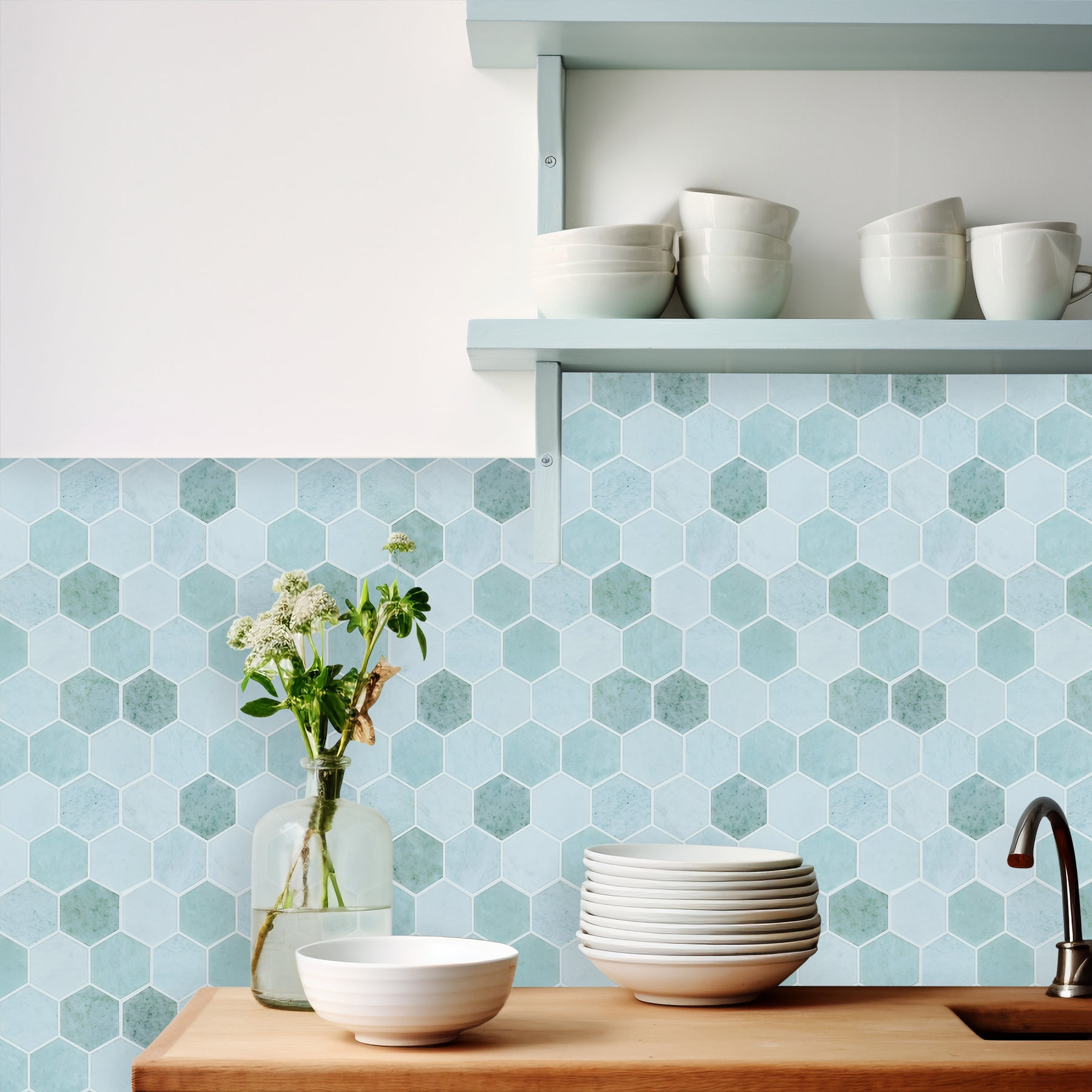 Hexagon Peel and Stick Backsplash, 12"x 12" Self-Adhesive Marble Green Stick on Wall Tiles for Kitchen Bathroom (10 Sheets)