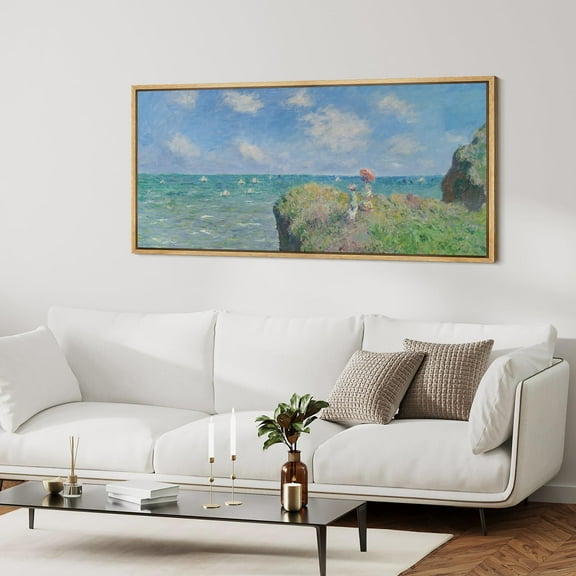 IDEA4WALL Extra Large Framed Canvas Print Wall Art Seaside Cliffs Vibrant Coastal Landscape with Sailboats Antique Retro Fine Art Watercolor Decorative Relax/Calm for Rooms Decor - 60"x30"