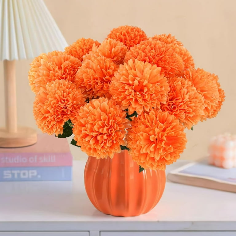 Artificial Marigold Flowers - Orange Chrysanthemum Ball Arrangements For Fall Decor