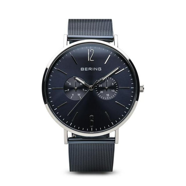 Bering 14240-303 Male Classic Polished Silver Mesh Watch with Blue Dial