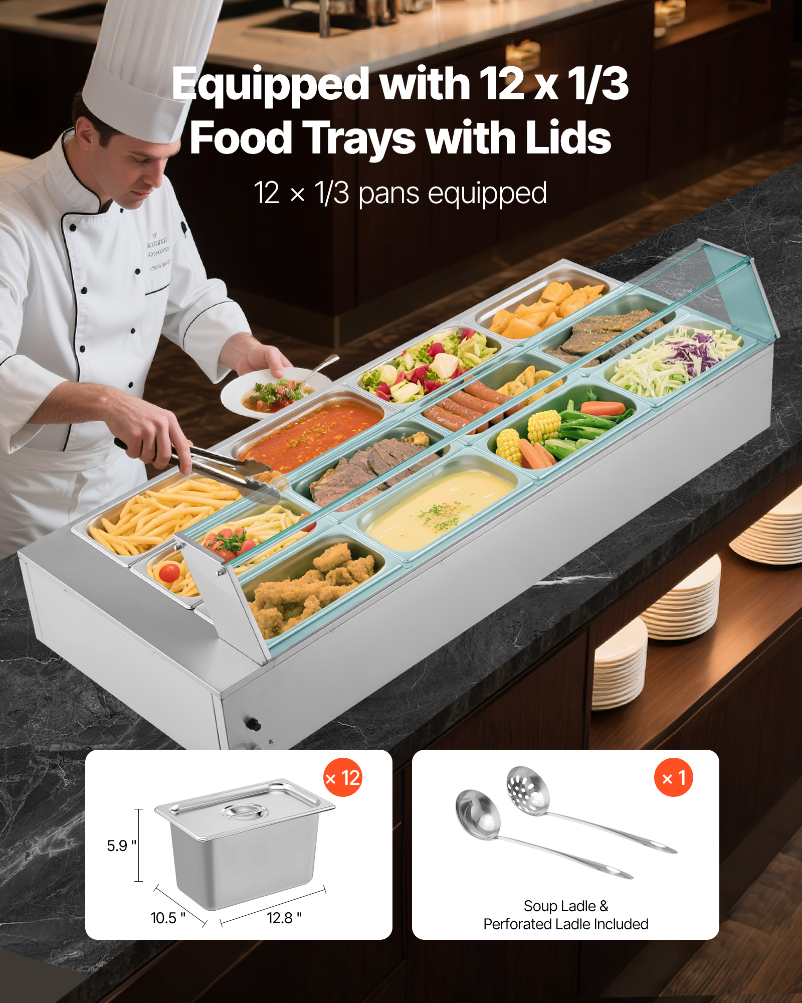 VEVOR Commercial Food Warmer, 1700W Electric Stainless Steel Steam Food Warmer with Glass Cover, 12-Pan Countertop Buffet Bain Marie with Soup & Perforated Ladles, for Catering, Restaurant & Party
