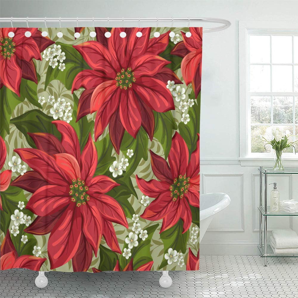 Bath Set Fabric Shower Curtain Rug Shower Hooks Poinsettia Christmas 14 Pc 