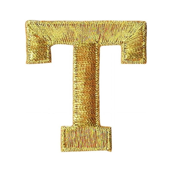 Alphabet Letter - T - Color Gold - 2" Block Style - Iron On Embroidered Applique Patch