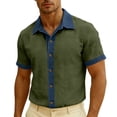 thumbnail image 5 of DDAPJ pyju Men Cotton Linen Short Sleeve Shirt Faux Denim Patchwork Button Down Shirts Summer Casual Vacation Tops Z-Army Green XXL, 5 of 7