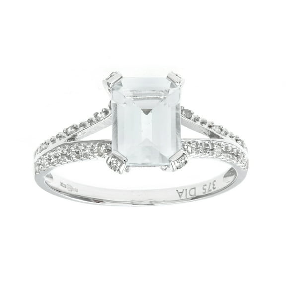 9ct White Gold Jewelco London Diamond Emerald Cut Aquamarine Solitaire Ring