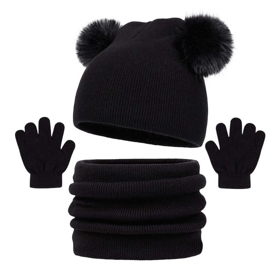 Wxirdiow Girls Hat And Gloves Set Kids Winter Hat Gloves Scarf Set,Girls Toddler Children Hats Beanie with Pom Knit Neck Warmer Gaiter Mittens Fleece Lined Set Black Size,2-12 Years