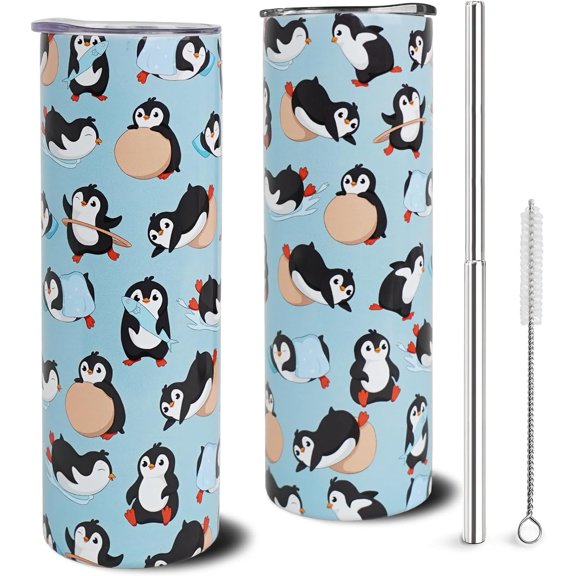 Penguin Tumbler with Lid and Straw Cute Penguin Gifts for Women Men Blue Penguin Cup Travel Coffee Mug Insulated Stainless Steel Skinny Tumbler 20oz Just a Girl Who Love Penguins Penguin Stuff Decor