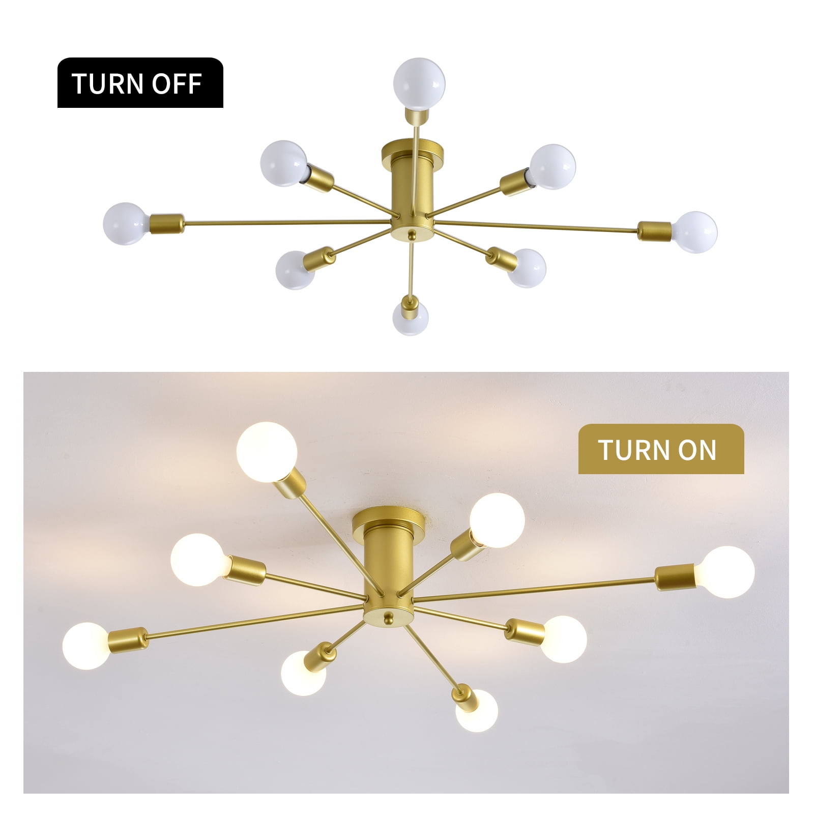 Garwarm 8-Light Sputnik Ceiling Light Modern Semi Flush Mount Ceiling Light Mid Century Gold Chandelier Pendant Lighting for Kitchen Dining Room Bedroom
