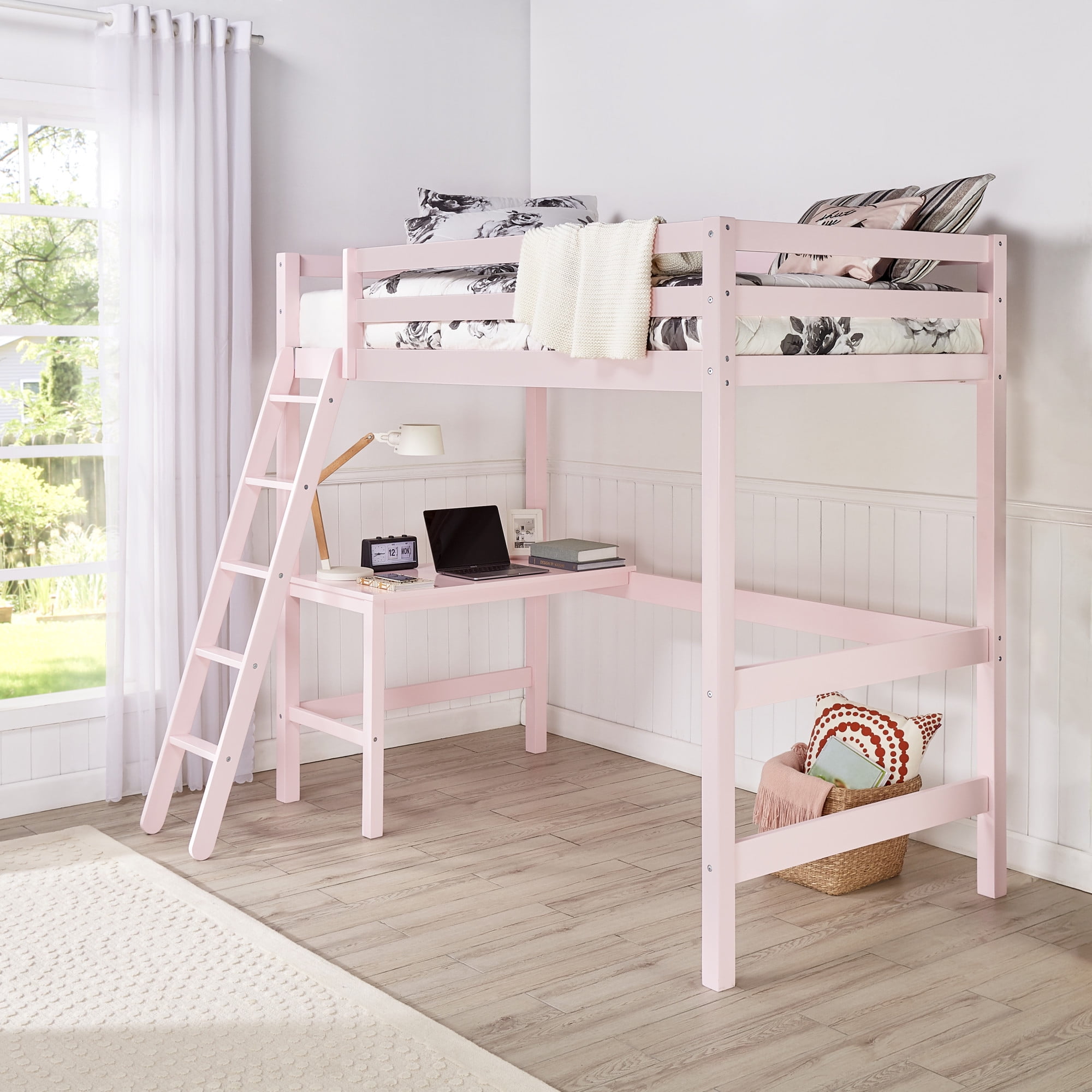 Hillsdale Caspian Wood Study Twin Loft Bed with Desk, Pink