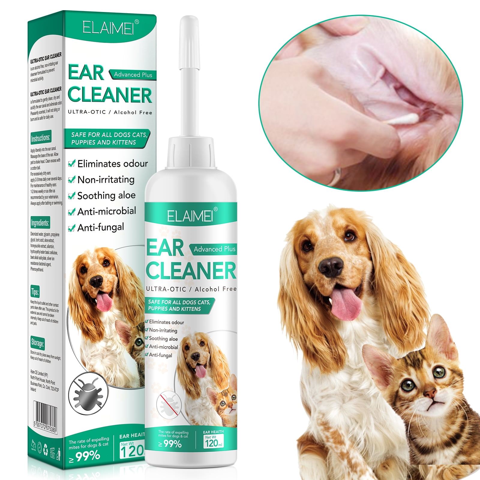 Elaimei Pet Ear Cleaner, Contains Aloe Vera Extract, Helps Clean Earwax
