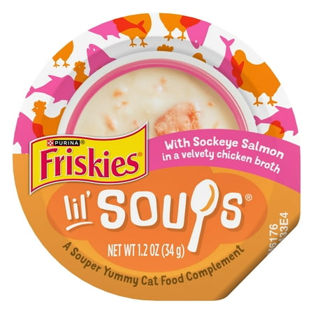 (8 pack) Purina Friskies Grain Free Lickable Cat Food Toppers Lil’ Soups With Sockeye Salmon in Chicken Broth, 1.2 oz Cups