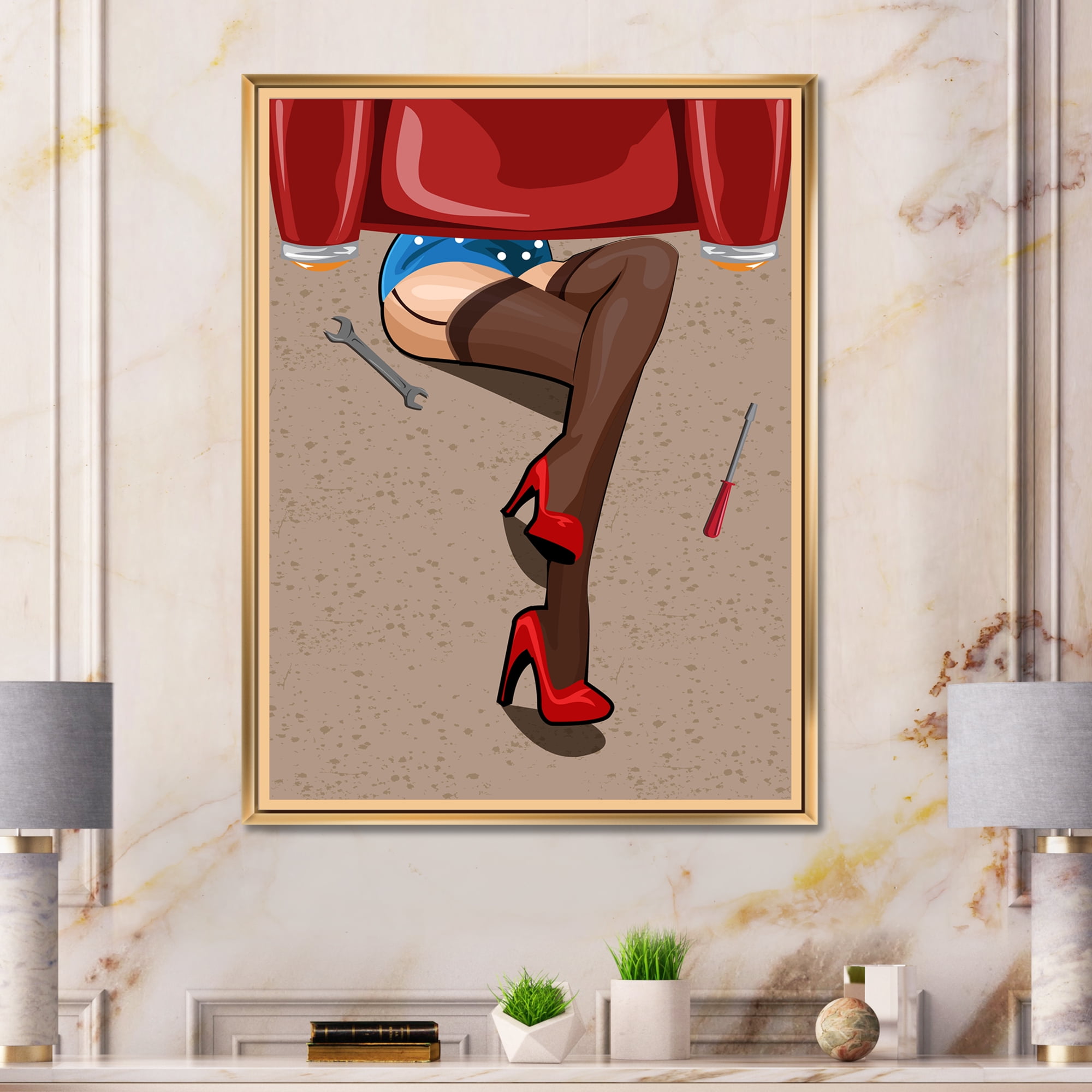Designart 'Retro Sexy Girl Repairing The Car' Modern Framed Canvas Wall Art Print
