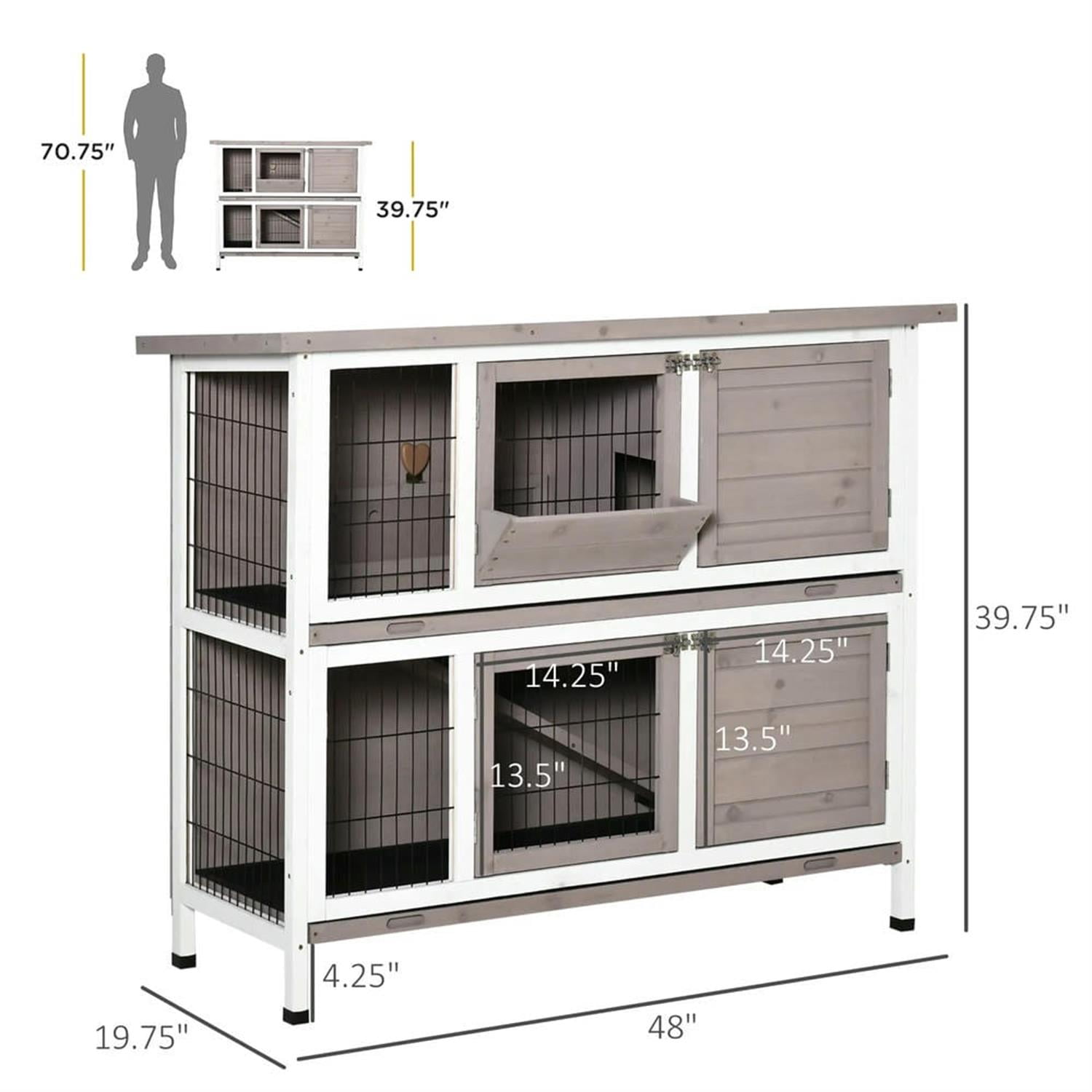 Kadyn 48" 2-Story Wooden Rabbit Hutch with Slide-out Tray, Outdoor Small Animal Habitat Enclosure Bunny Cage for Bunnies, Guinea Pigs, Gray