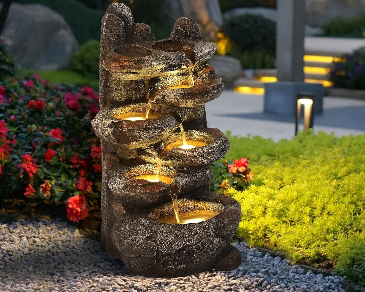 AISUO 6-Tier Cascading Rock Water Fountain Outdoor Garden Waterfall with Lights,Fountain Indoor Decor for Garden, Patio, Backyard, Deck, Porch and Home Art Decor (Smal)