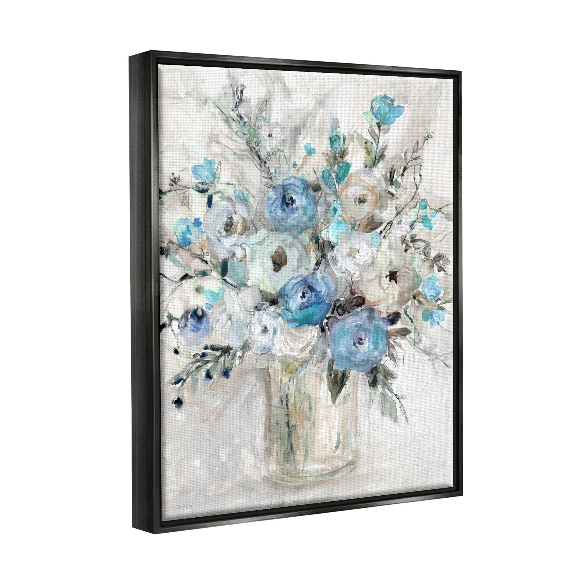Stupell Industries Abstract Blue Rose Arrangement Botanical & Floral Painting Black Floater Framed Art Print Wall Art
