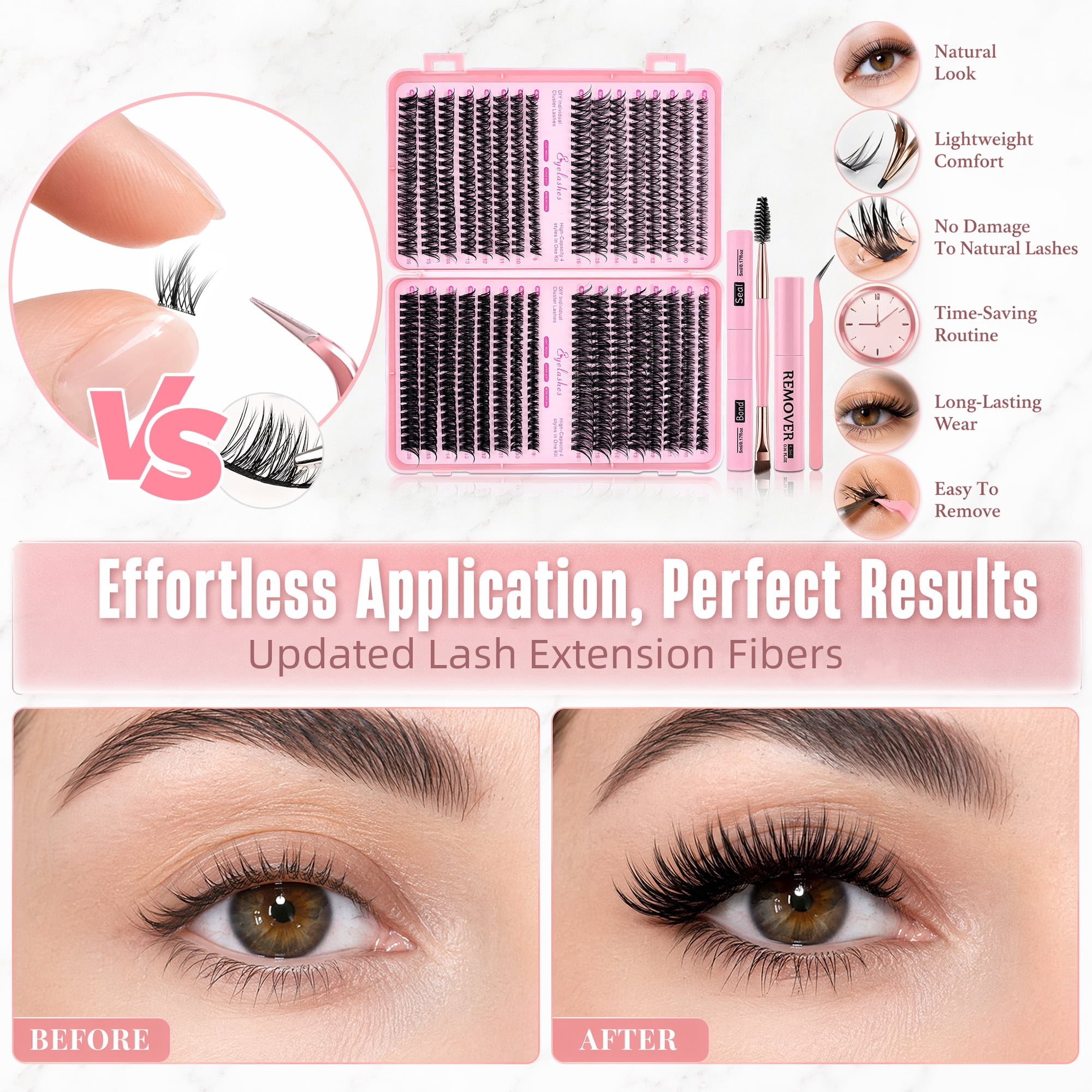 Lash Clusters Kit, 640pcs Individual Eyelash Extension Kit 30D/40D/50D/60D, 9-16mm Mixed Lengths, DIY False Eyelashes