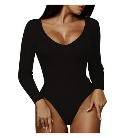 

Rompers for Women Summer Casual Plain Color Long Sleeve Jumpsuits Sexy V Neck Bodysuit All-match Off Shoulder Pajamas