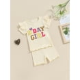 thumbnail image 5 of Suagox Little Girl 12-24 Months,2-5 Years Old  Birthday Outfits Letter Embroidery Short Sleeve T-Shirt with Solid Color Lettuce Hem Shorts, 5 of 10