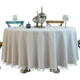 thumbnail image 4 of Mantel redondo lavable de color liso, diseño de borlas, protector para cenas, bodas, banquetes, tejido de poliéster resistente (beige Sydney, redondo de 120 cm), 4 of 5