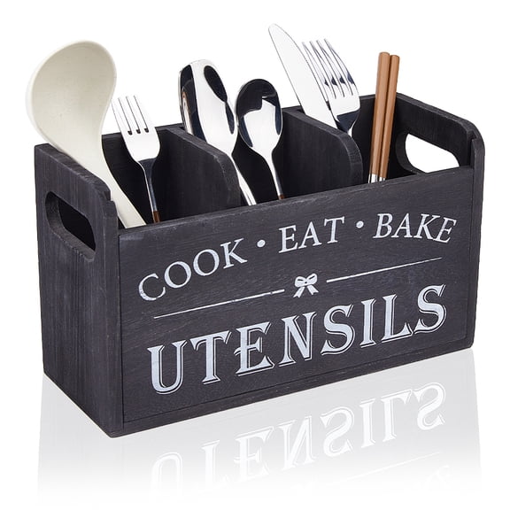 Kitchen Utensil Holder Wooden Utensil Organizer with 3 Compartments Farmhouse Cutlery Holder Flatware Utensil Countertop Storage