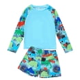 thumbnail image 1 of Kids' Long Sleeve Cartoon Sark Print Quck Dry 2 Piece Swimsuit Set With Swim Trunks, 1 of 8