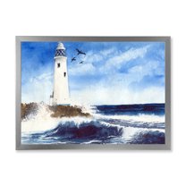 Designart 'Seagulls With Lighthouse On The Rocky Island' Nautical & Coastal Framed Art Print