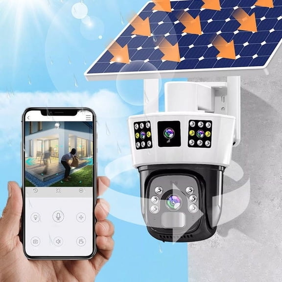 Outdoor Security Camera 360° Solar Powered Waterproof Three Screen HD Night Vision Motion Detection Wireless App Remote Monitor for Home Business