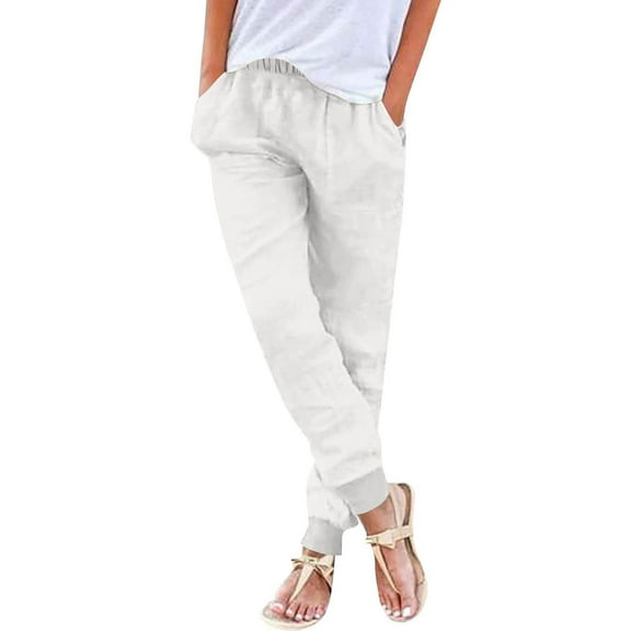 ABATAB Womens Tapered Pants Cotton Linen Elastic High Waist Pants Casual Cinch Bottom Jogger Trousers with Pockets
