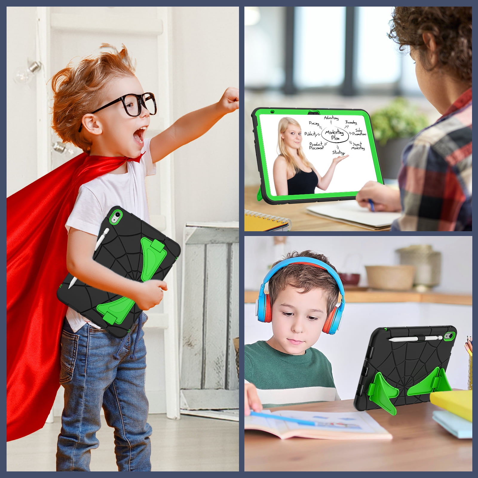 Kids Cases for iPad 10th Generation 2022,TECH CIRCLE Heavy Duty Shockproof Rugged Full Body Protective Sturdy Kickstands iPad 10.9 inch case with Pencil Holder for Kids Children Boys,Black+Green