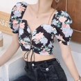 thumbnail image 4 of JANDEL Black Elegant Stylish Women's Fashion Floral Print V Neck Exposed Navel Sexy Sweet Short Sleeve Chiffon Shirt Blouse, 4 of 7