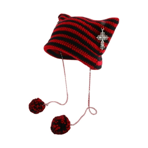 SUXIAN Women's Knitted Hat with Cat Ears Punk Design Warm for Autumn Winter Fashion Red One Size