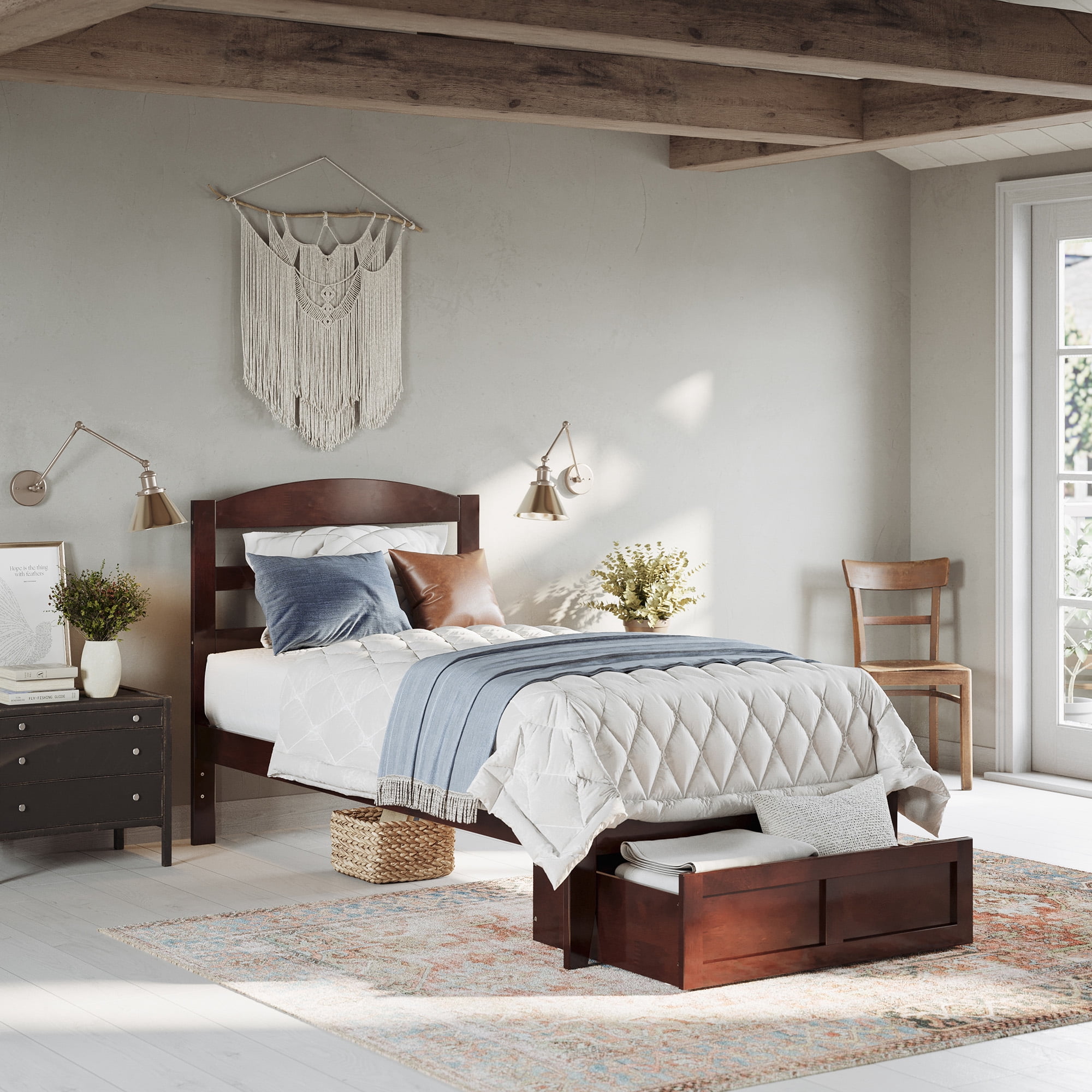AFI Warren 14" Twin-XL Wood Platform Bed Frame with Foot Drawer Storage, Walnut