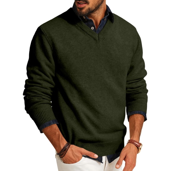 Wutalume Men's Fashion V-Neck Casual Knit Lightweight Dress Sweater Long Sleeve Slim Fit for Fall and Winter Pullover Style,Army Green L