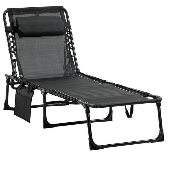 GVN Chaise Lounge Outdoor, Lounge Chair Outdoor,Reclining Chaise Lounge Chair, Folding Camping Cot with Adjustable Backrest and Removable Pillow, Black
