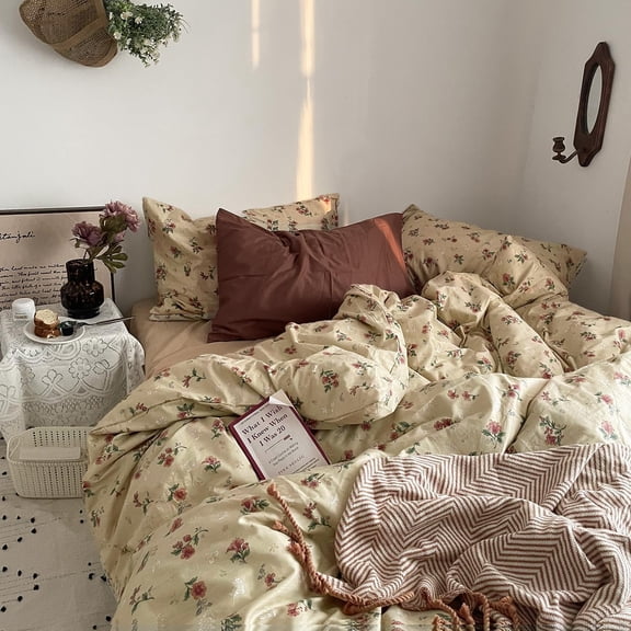 AUQ Vintage Floral Duvet Cover Queen Size-3 Piece 100% Cotton Cottagecore Red Flowers&Green Leaves Bedding,Soft Botanical Comforter Cover&Pillowcases,Aesthetic Spring Bed Set for Girls