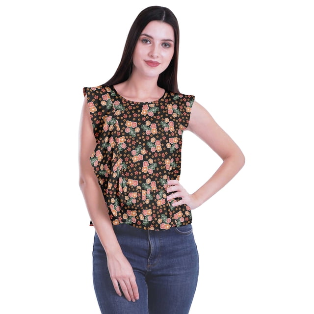Moomaya Débardeur Imprimé Sans Manches à Volants pour Femmes Col Rond Crop Top Décontracté