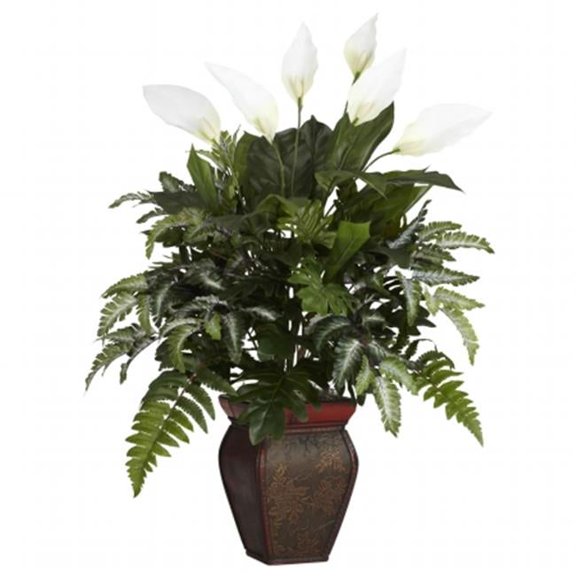 Mixed Greens with Spathyfillum and Decorative Vase Silk Plant